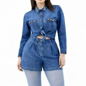 Vintage Denim Shorts Set Womens S Pleated Embellished Top Rodeo Cowgirl Western